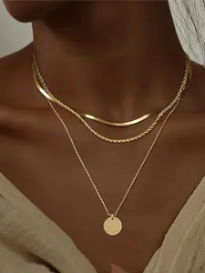 3 PCS Layered Disc Pendant Stackable Necklace 18k Gold Plated Flat Snake Twisted Chain Necklaces For Women