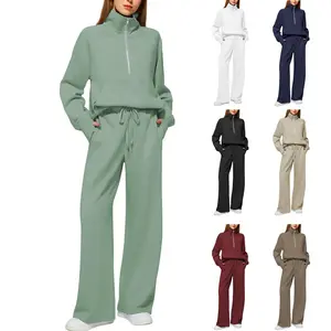 Woman Solid Color Half Zip Long Sleeve Sweatshirt And Wide Leg Pants Set Casual Sporty Two Piece Outfit Women's Suit