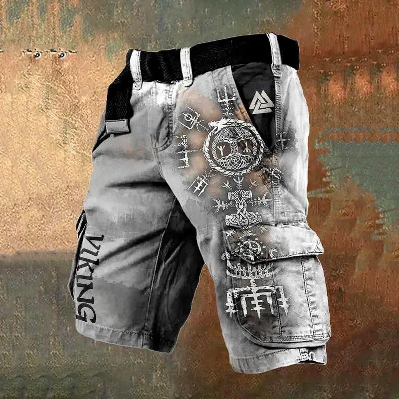 Men'S Retro Viking Rune Color Matching Art Graphic Cargo Shorts Gift For Him, Men Work Shorts, Summer Arrival, Gift For Dad Menswear Tropical Style 1 leaf  jorts Vintage Belt Breathable Casual Eagle Fabric Outdoor Red
