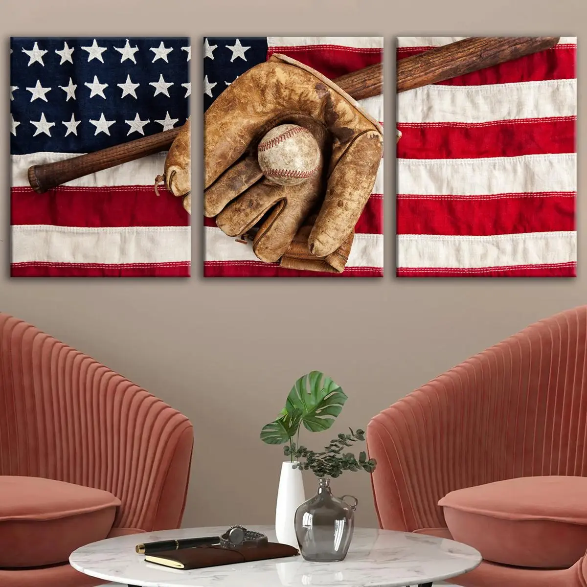 Baseball & Glove & Ball & American Flag Pattern Wooden Framed Canvas Painting, 3 Counts/set Modern Decorative Wall Art, Wall Decor for Home Living Room Bedroom Office, Ornaments
