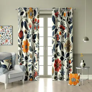 Floral Leaves Blackout Curtain, Red Yellow Boho Flowers Aesthetic Art Window Curtains Darkening Thermal Insulated Grommet Window Drapes for Living Room Bedroom Decor 42"W x 108"L (Pack of 2)