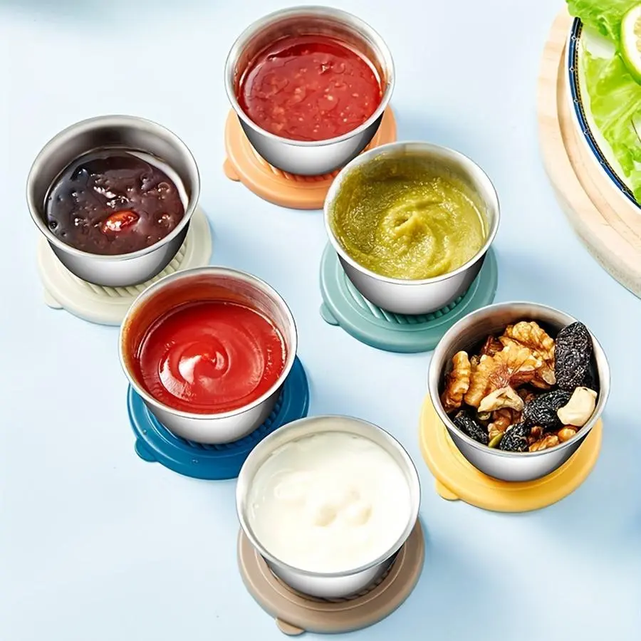 Stainless Steel Sauce Cup with Lid, 6 Counts/set Sauce Dish, Food Sauce Container, Seasoning Dish, Cheese Sauce Bowl, Kitchen Supplies