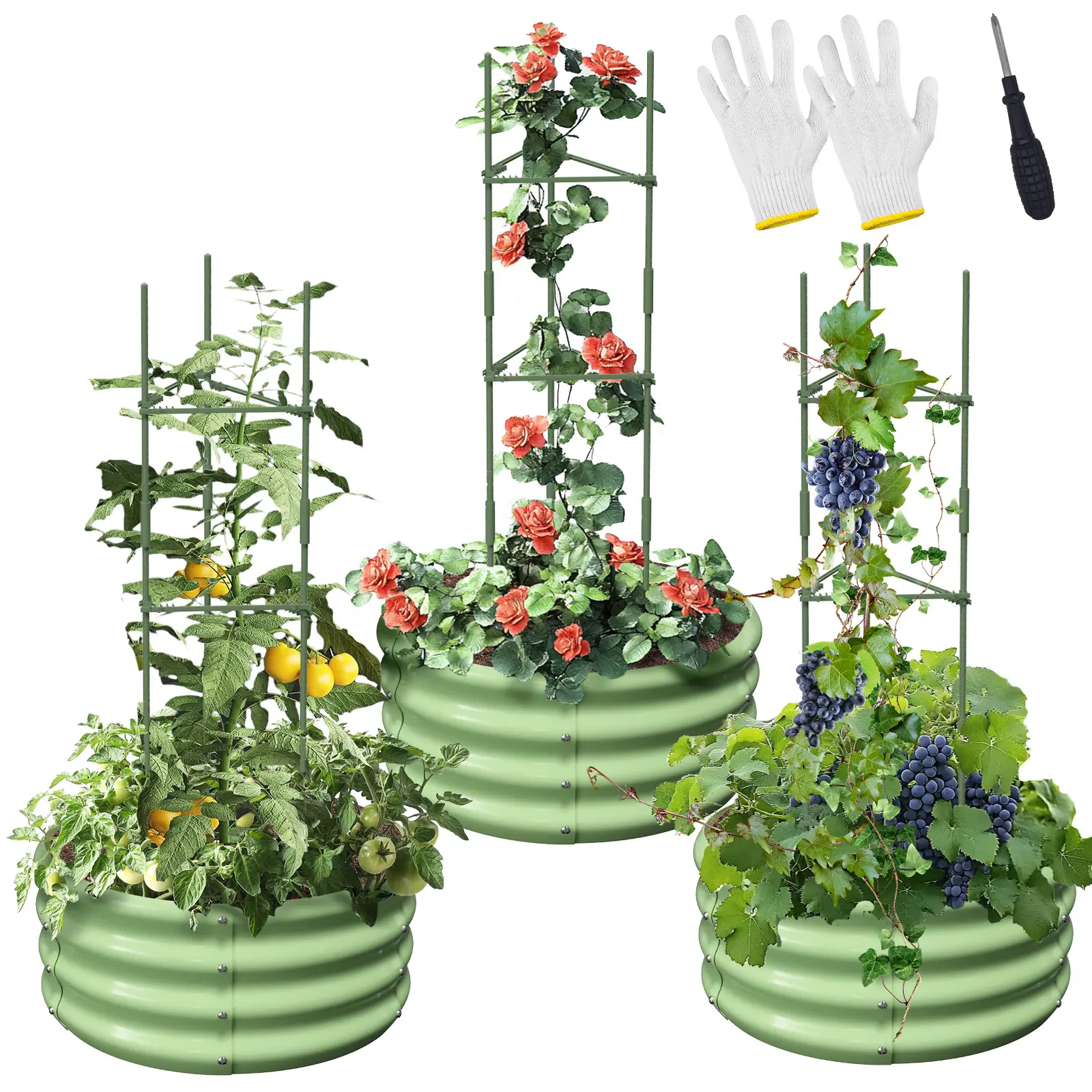 Lilypelle 3-Pack Round Galvanized Raised Garden Bed with Tomato Trellis, 24x24x12in Stackable Elevated Planting Boxes, Outdoor Metal Climbing Planting Stand for Raised Bed Gardening, Vertical Garden Boxes, Eco-Friendly Design