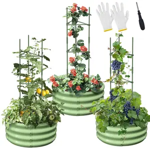 【mothersdaygift】Lilypelle 3 Pack Round Galvanized Raised Garden Bed with Tomato Trellis, 24x24x12in Stackable Elevated Planter Box, Outdoor Metal Plant Bed for Tomatoes, Climbing Vines, Vegetables, Roses, Grapes, Eco-Friendly Design
