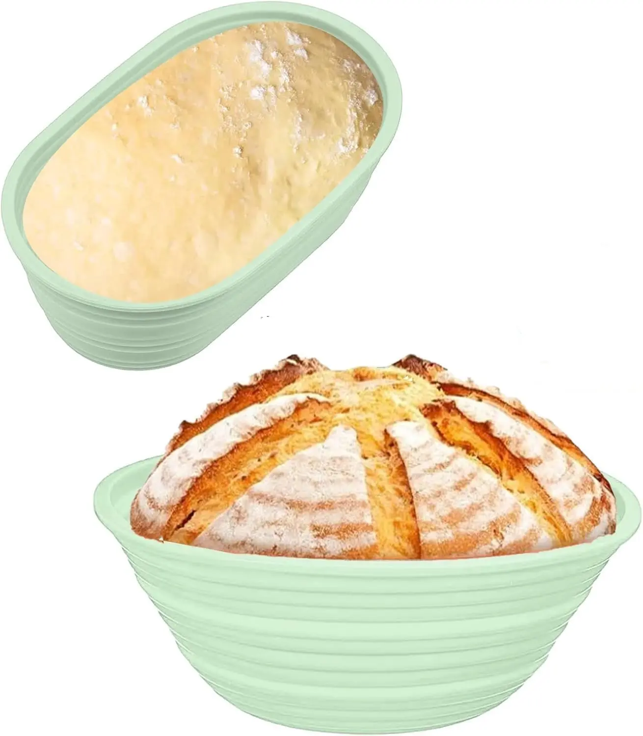 2 PcsBanneton Bread Proofing Baskets,Silicone Sourdough Bread Baking Supplies, Bread Proofing Baskets for Sourdough, 9.3" Round & 10.2" Oval Collapsible Sourdough Baking Basket (Green)