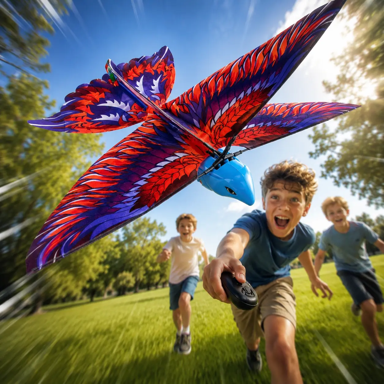EFFUN Bionic Flapping Wings RC Flying Bird Toy - Crash-Resistant EPP Plastic, Blue Body, 6-Axis Gyro Stable, 1-Handed Ergonomic Transmitter, Red-And-Purple Wing Textures, Lightweight Outdoor Unisex Toy for Ages 8+, Non-Candy Easter Basket Gift Alternative