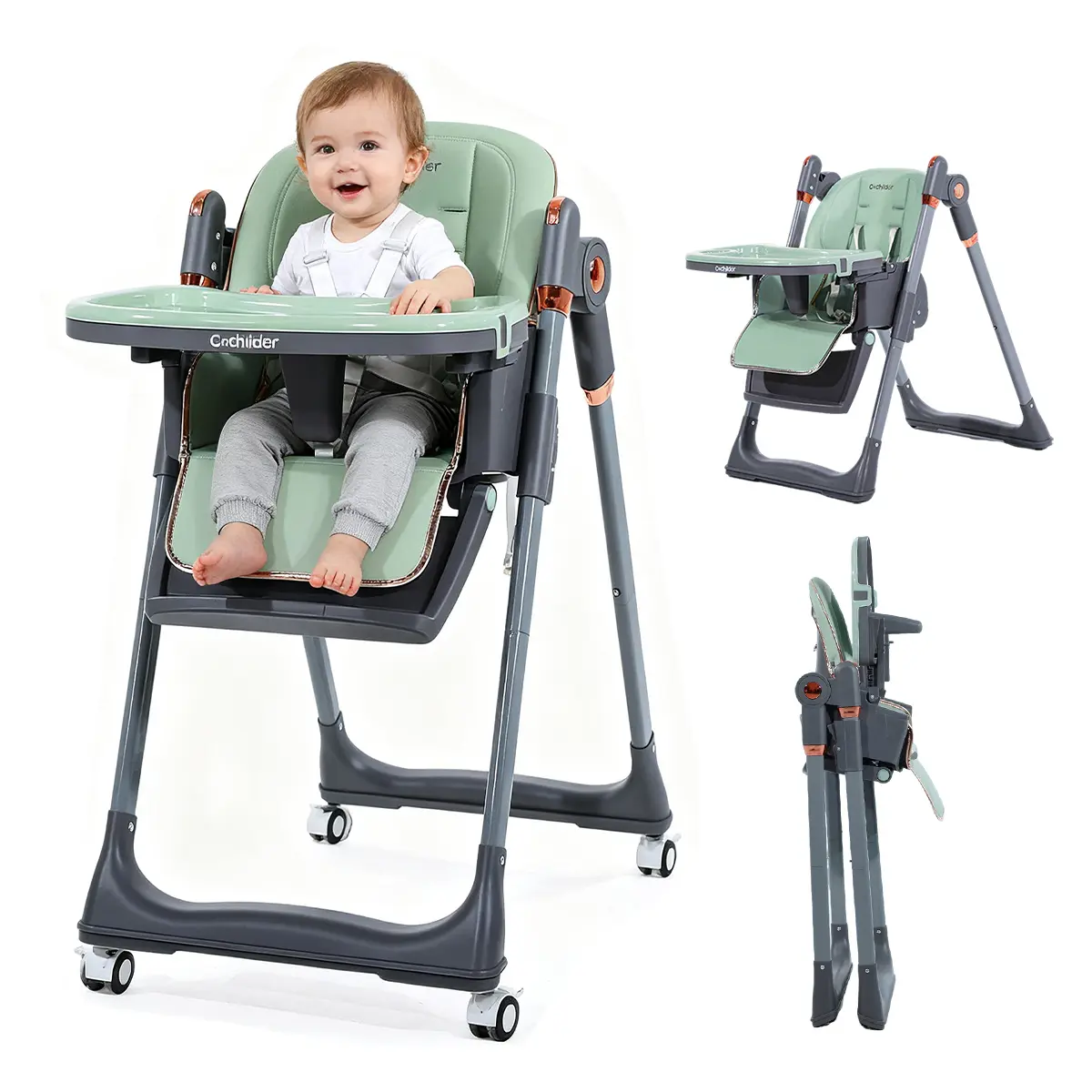 3-in-1 Foldable Convertible High Chair (6+ Months to 3 Years) - Baby Furniture with Metal Frame, 5 Adjustable Height Settings, Reclining Seat, 5-Point Safety Harness, Removable Tray, Lockable Wheels, Washable Pad, Portable Grows-Up Design