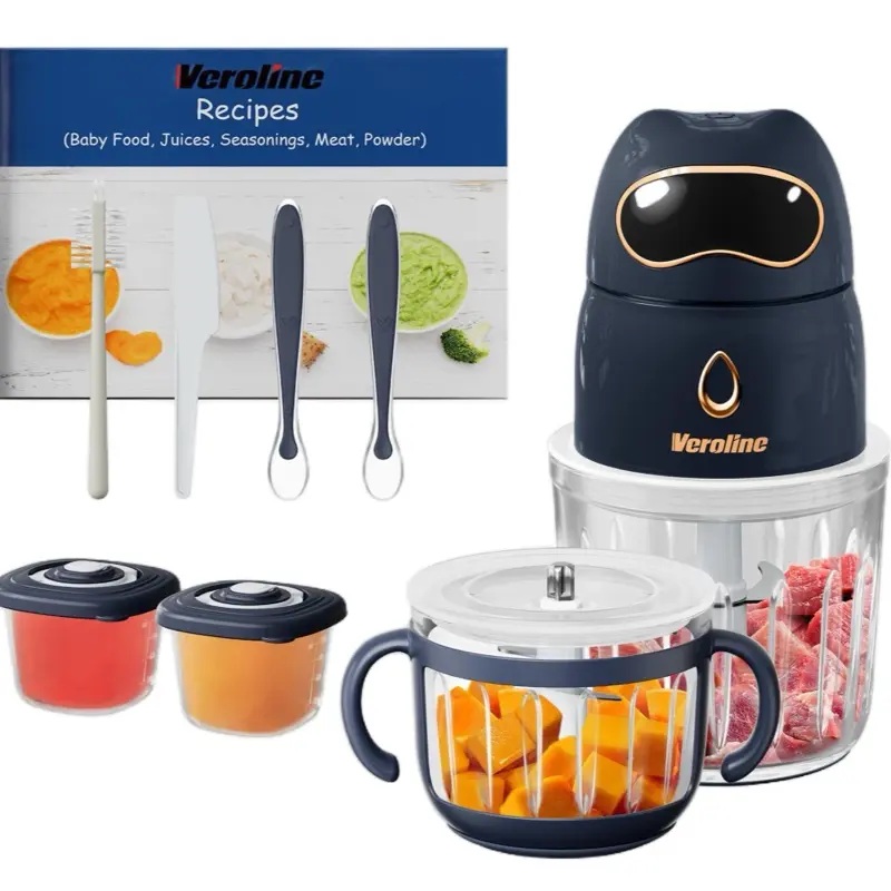 VeroLine 10-in-1 Baby Food Maker Processor Set with 2 Glass Bowls 600ml & 300ml for Purees Fruits Meats Vegetables Baby Essentials Blender & Storage Containers