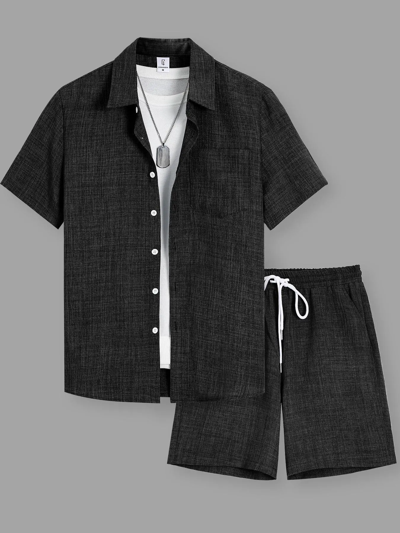 Men's Solid Short Sleeve Shirt & Shorts Loungewear Set, Shorts Lounge Outfit, Casual Comfy PJ Top & Shorts, Two-Piece Pajamas Set, Men's Sleepwear for Summer, Lounge Sets