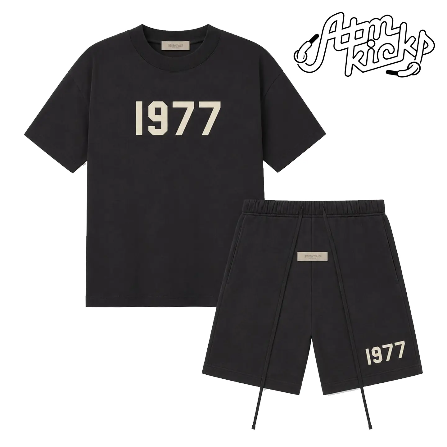 (Tee and Shorts)Fear of God Essentials Style 1977 T-Shirt & Shorts Set Oversized Fit Streetwear Casual Matching Two-Piece Set Stretch Jet Black Summer Outfit Men’s Crewneck Short Sleeve Lounge Set