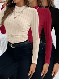 Women's 3-Piece Autumn Winter Knitted Striped Half High Round Neck Long Sleeve Casual Fitted Basic T-Shirt Set, Inner Wear & Outerwear, Knitwear, Tops