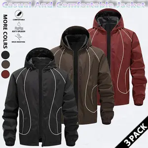 Men's solid color waterproof and windproof drawstring zipper hooded jacket, trendy striped print casual long-sleeved jacket with zipper pockets, suitable for outdoor activities, all year round. SpringStatements