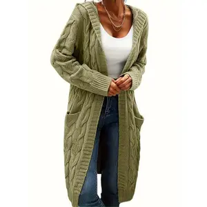 Elegant Plus Size Hooded Knit Cardigan, Long Sleeve Button Pocket Sweater Coat, Casual Plain Color Women's Fashion Outerwear
