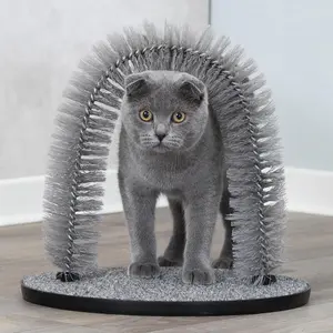 Cat Massager and Self Grooming Arch, Bristle Ring Brush, Carpet Base Scratcher, Cat Self Groomer, Gray, Small