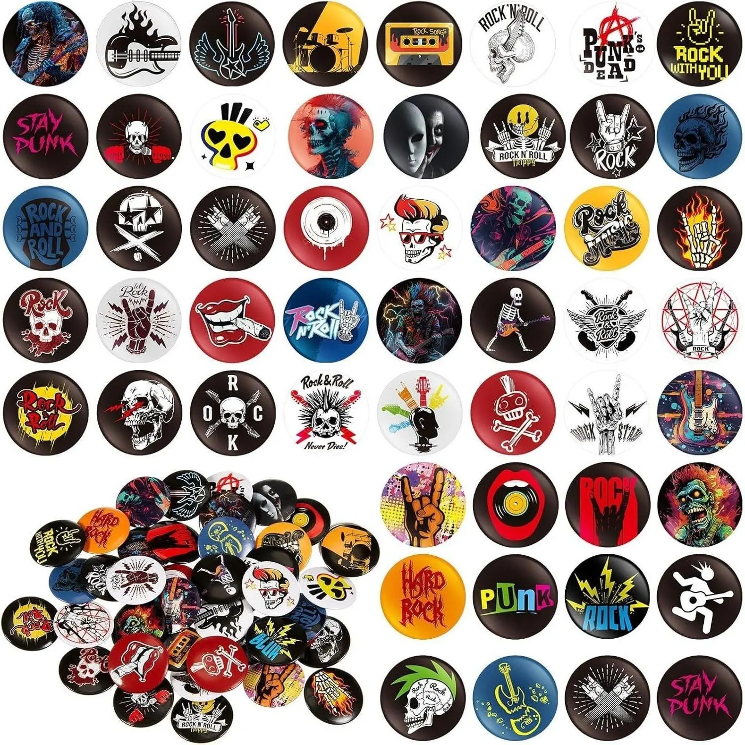 Unisex 50-Pack Punk Rock Button Pins - 1in Tinplate Graphic Brooches, Cute Fashion Accessories for Everyday, Engagement, Crafts