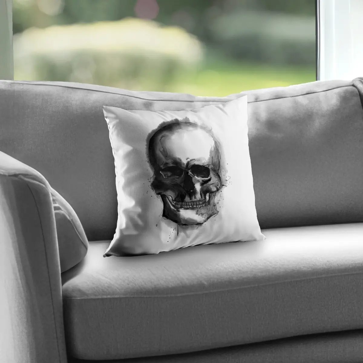 14x14 in 360 Stand Poly Twill Throw Pillow - Woven Construction, Artistic Watercolor Dark Skull Print, Black & White Gothic Home Decor Accent, Creative Decorative Cushion