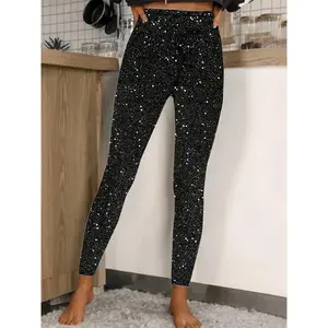 Elegant High-Waist Sequin Leggings for Women - Stretchy & Comfortable, Polyester, Vintage-Inspired Sparkly Casual Pants, Perfect for All Seasons