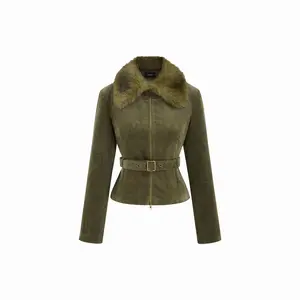 Cider Corduroy Faux Fur Trim Collar Jacket With Belt Dealsforyou