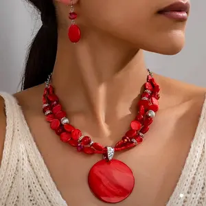 Red Acrylic Necklace and Earring Set - Fashionable Red Bead Jewelry Set for Stylish Looks