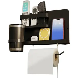 Floating Shelves for Bedside, Self Stick On Wall Mount Shelf Organizer with Hooks, Cute Room Decor Aesthetic, Multi-Functional Storage for Bedroom, Office, No Drilling Adhesive Hanging Shelf​ (Black)