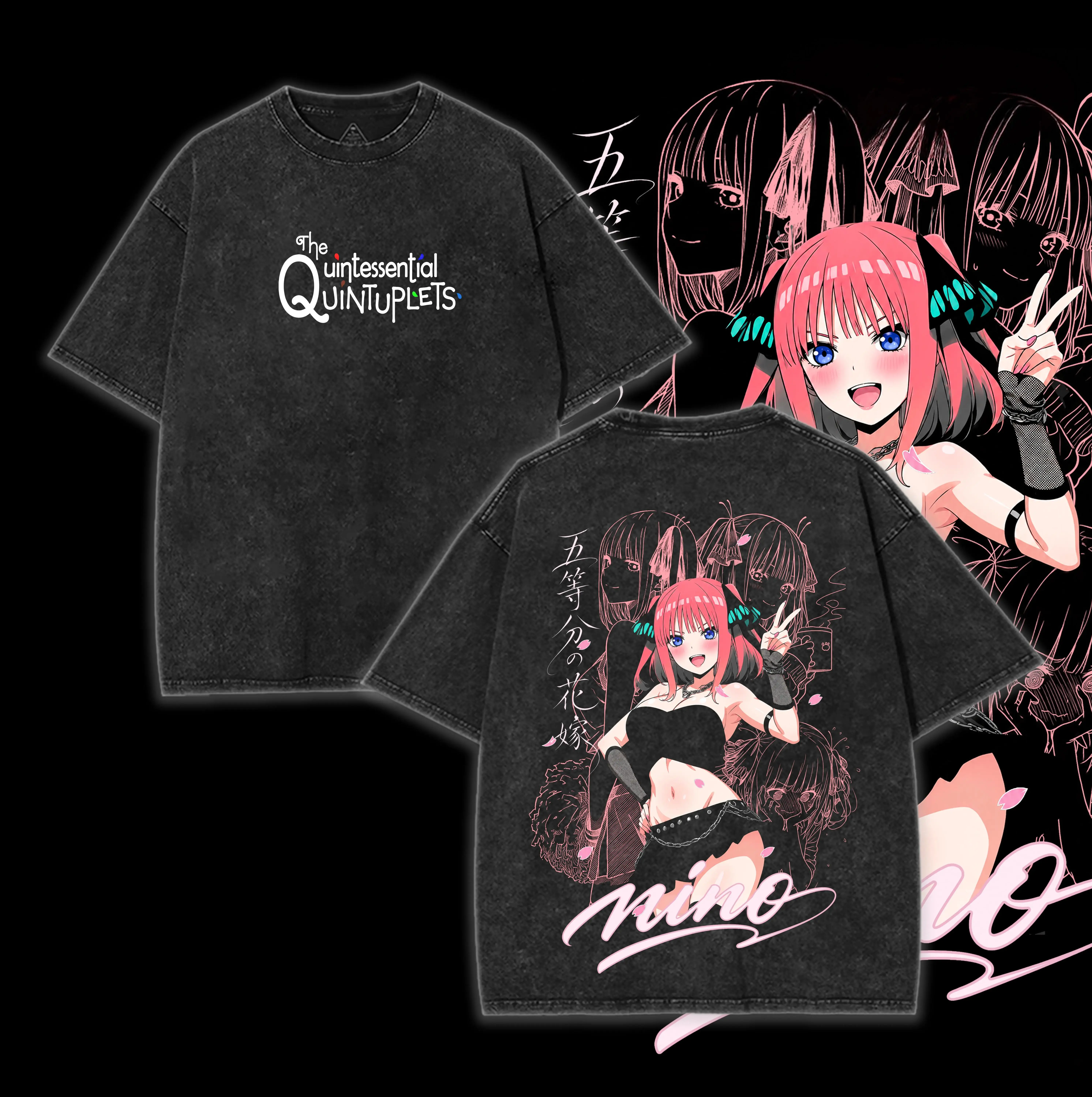 cotton 100% Vintage Acid Wash The Quintessential Quintuplets Nino Nakano T‑Shirt Double Sided Graphic Oversized Anime Streetwear Tee， Unisex Anime Graphic Shirt