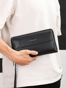 Kaiduch Men's Business Handbag, Minimalist Style, Large Capacity 23.5x13.2cm, 5 Card Slots, Transparent Window, Wrist Strap & Handle, Wallet Men