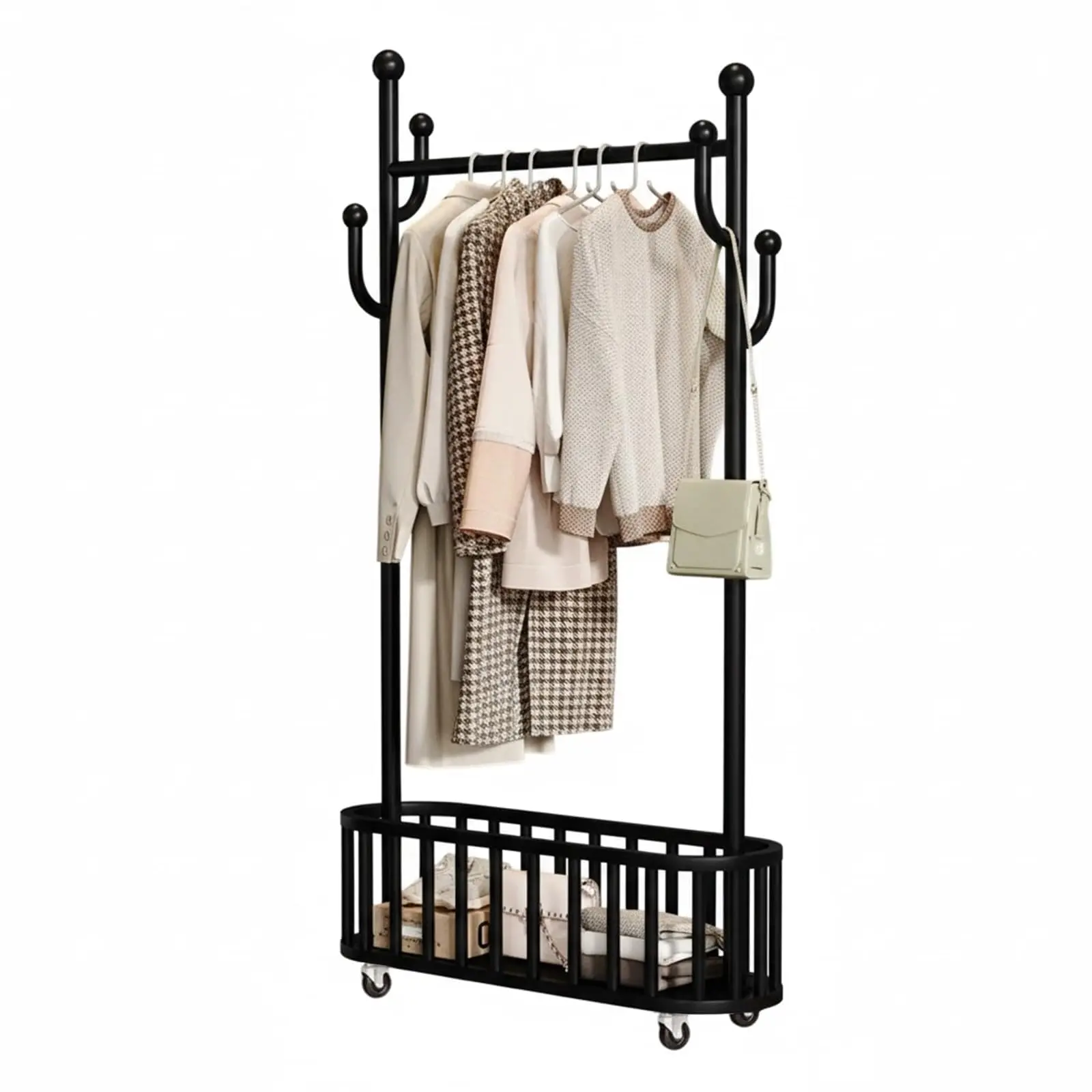 Garvee Portable Metal Clothes Rack with Wheels and Storage Basket - Sturdy Clothes Rack with Shelf and 4 Hooks - Ideal for Bedroom, Laundry Room and Living Room