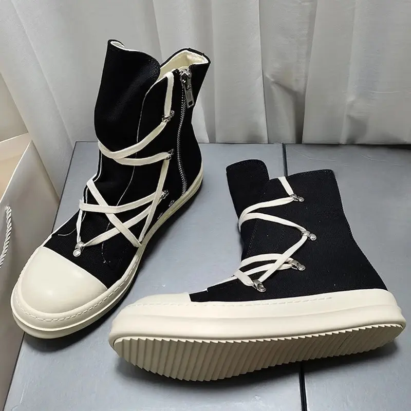 Men's Casual High-Top Lace Trainer - Cloth Canvas Footwear, Zipper Design, Comfort Platform, Round Toe, Knot Detail, Walk-Friendly Lift Sports Shoes, All-Seasons Walking Shoes for Walking, Black/White