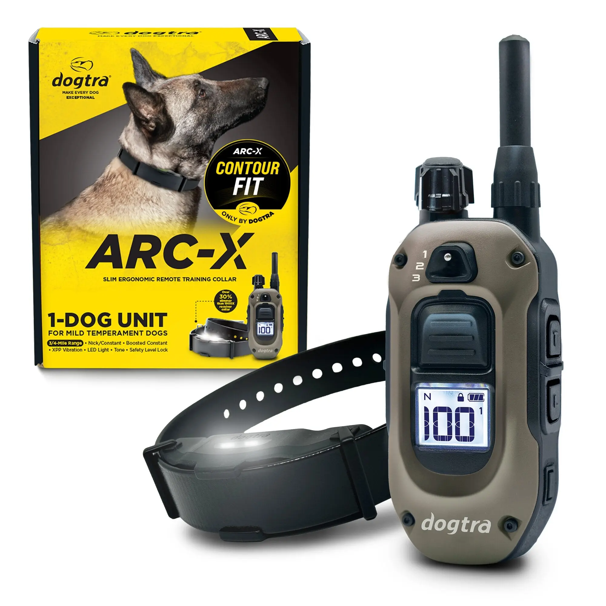 Dogtra ARC-X E-Collar for Dog Training - 3/4 Mile Range for Dogs 15 lbs and up Slim Design IPX9K Waterproof 100 Stimulation Levels Vibration Tone Rechargeable - Dog Owners and Professional Trainers