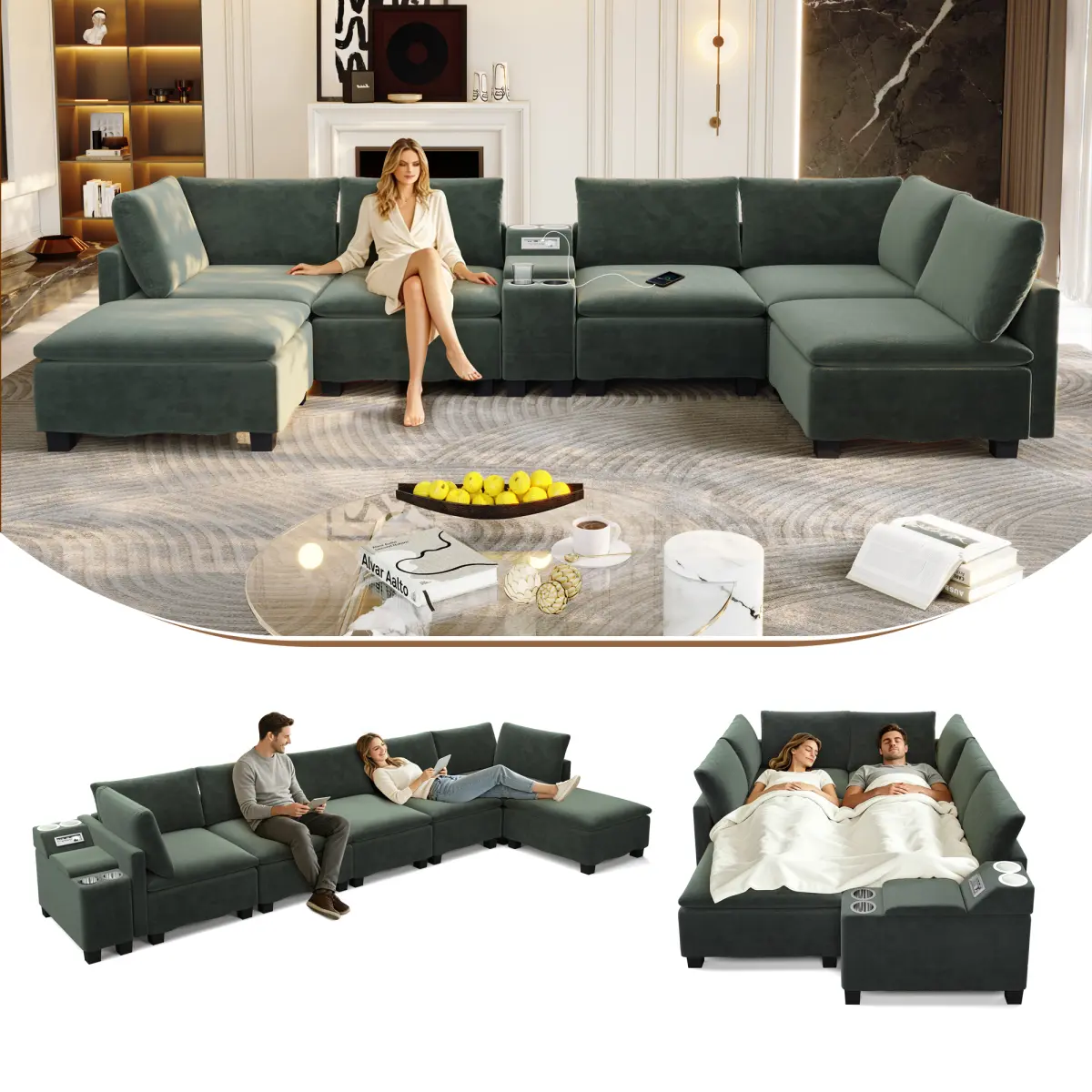 Aobtkel 121.2in Modular U-Shaped Sturdy Chenille Fuzzy Squishy Modern Fabric Sectional Sleeper Couch - Movable Ottoman, Converts to Bed, Hidden Storage, USB Ports, Cup Holders, Bluetooth Speaker, Fold-Out Sofa Living Room Furniture, Fuzzy Squishy Living R