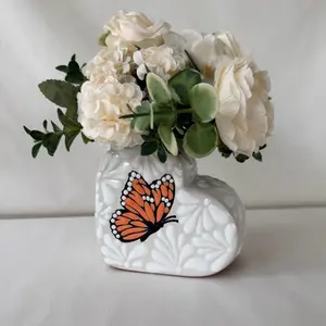 White Heart Vase Talavera Hand Painted with Accent Monarch Butterfly Design for Home Decor (Flowers not included)