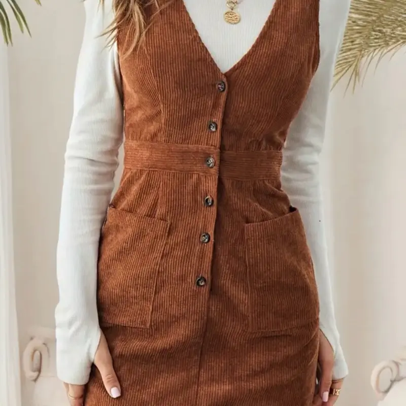 Brown Single Breasted Patch Pocket Corduroy Short Dress with V-Neck and Button Closure for Women