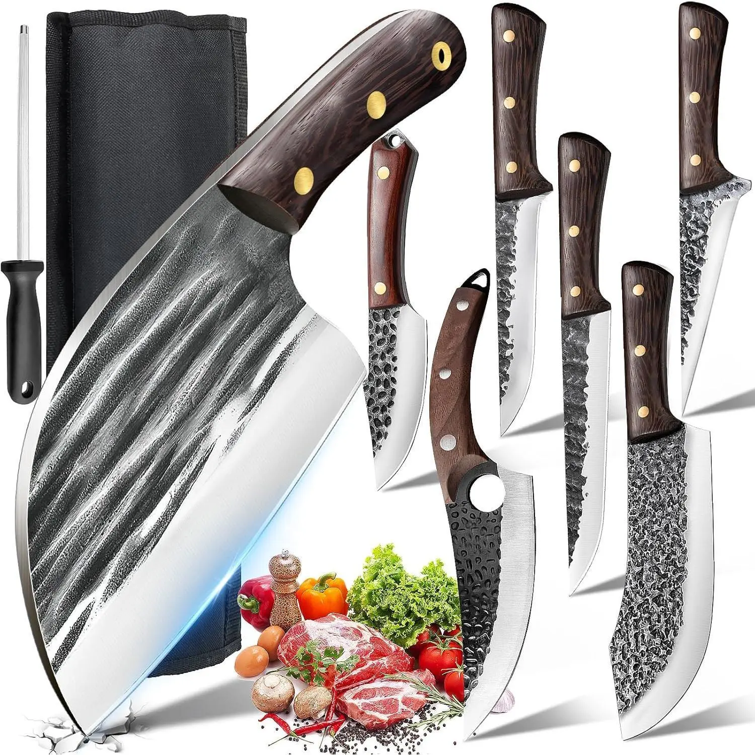 8 Pieces Butcher Knife Set with Roll Bag, Butcher Knife Set for Meat Cutting, Professional Meat Knife Set, Handmade HAND FORGED DAMASCUS STEEL CHEF KNIFE Set Kitchen Knives, Best Gift!