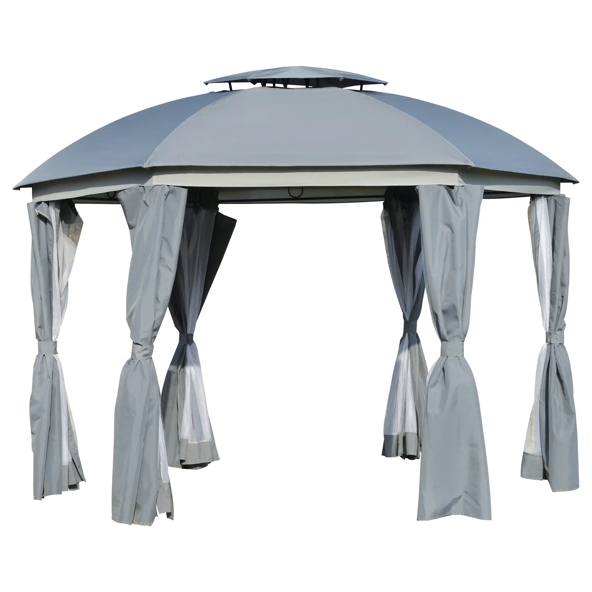 12' x 12' Round Outdoor Gazebo, Patio Dome Gazebo Canopy Shelter with Double Roof, Netting Sidewalls and Curtains, Zippered Doors, Strong Steel Frame, Grey