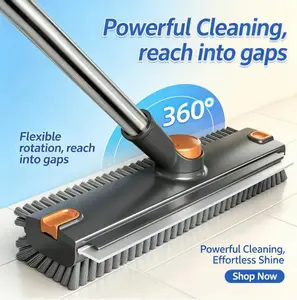360° Rotatable Floor Scrub Brush, 2 in 1 Heavy Duty Cleaning Brush with Long Handle, Hard Bristle Grout Brush for Bathroom, Kitchen, Tile, Gap, Shower Glass, Multi-Surface Deep Stain & Grease Remover