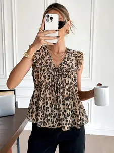 Summer New Fashion Commuter Small Sleeve Leopard Print Pullover V-Neck Tie Elegant Women's Blouse Top Shirt, Stylish and Comfortable Design