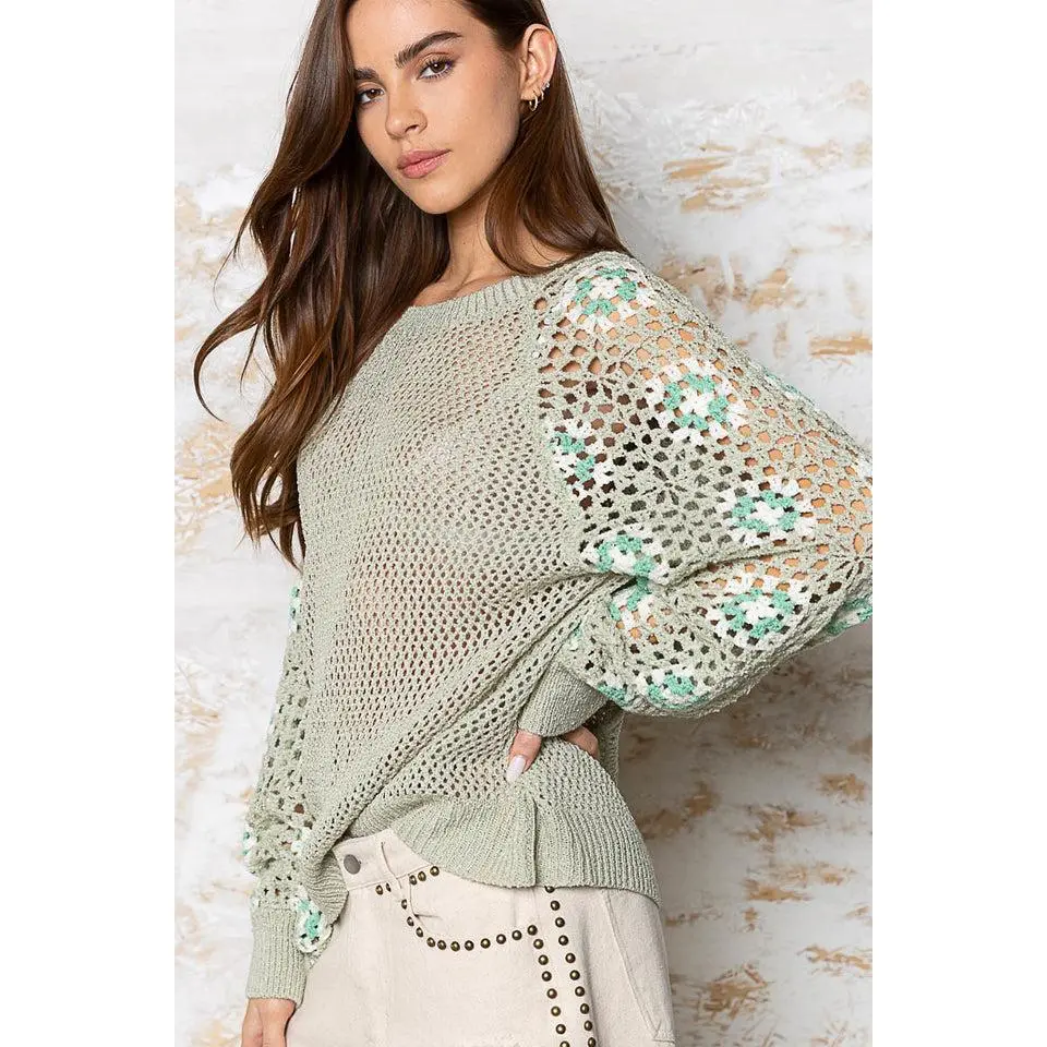 Good Energy Patchwork Crochet Sweater in Sage