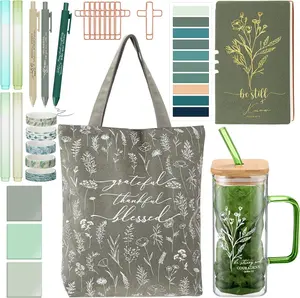 29 count  Journaling Kit Glass Cup Canvas Bag Leather Notebook Highlighters and Pens Sticky Notes Tapes Paper Clips  Study Supplies for Women Teacher Sunday School(Green)