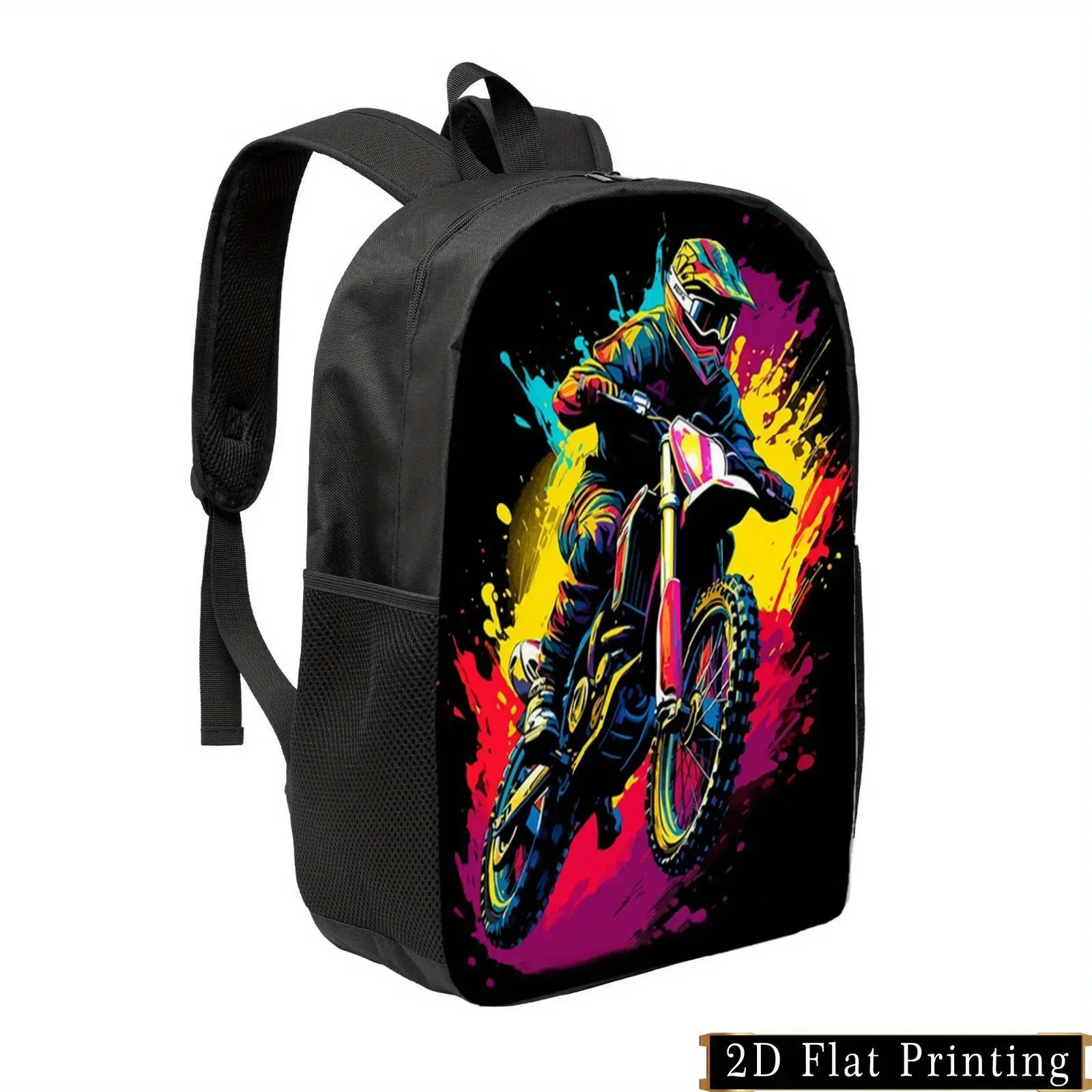 Unisex Casual Backpack with Vibrant Motorcycle Rider Graphic Print - Lightweight Large Capacity Foldable Daypack, Adjustable Shoulder Straps & Side Pockets for School, Travel, Daily Use, Easy Access Zip Closure