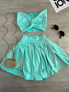 Mint Twist Halter Pleated Short Skirt Two-Piece Set, Sweet Cool Punk Style Vacation, Slimming Fashion Ensemble, Womenswear