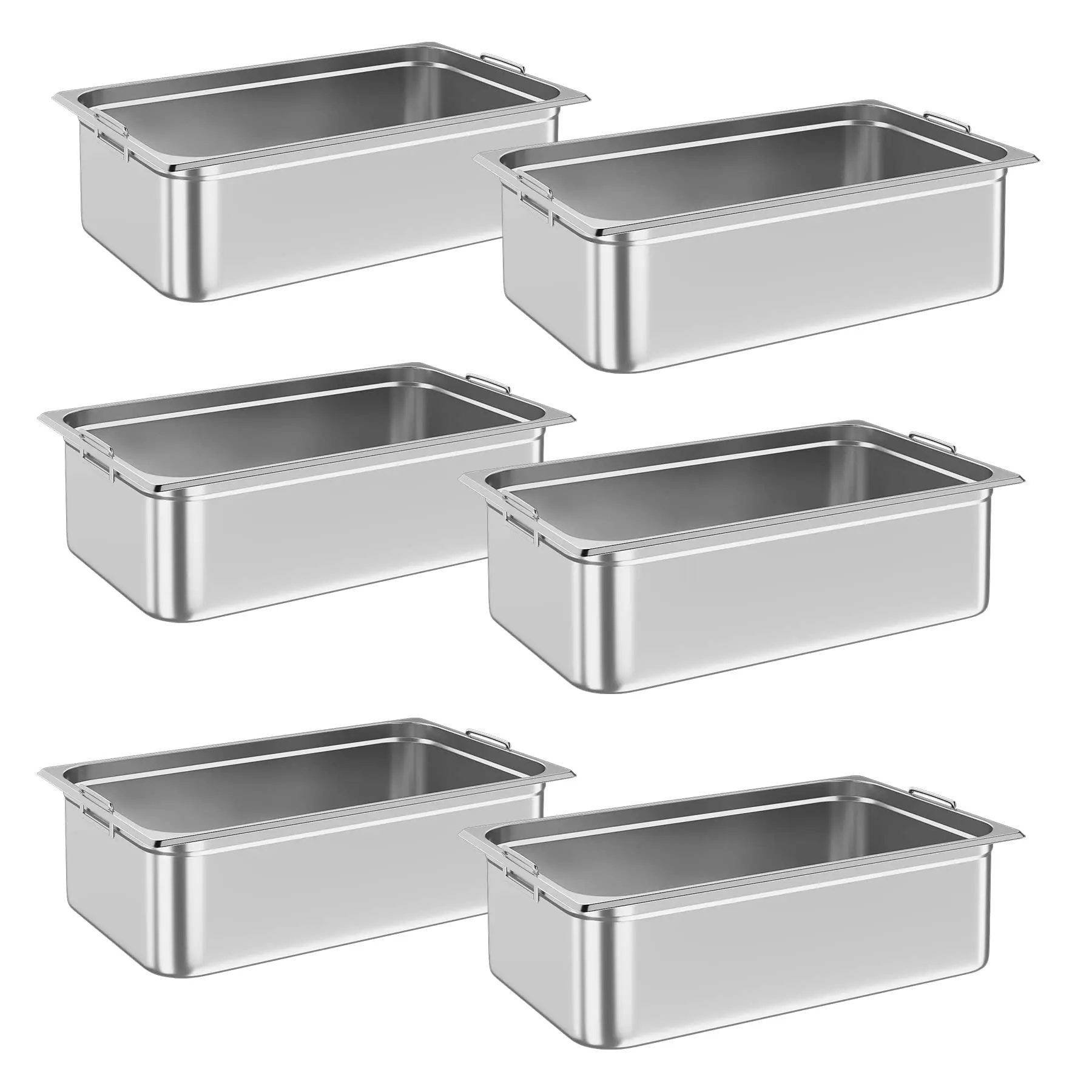 6 Pack Full Size Hotel Pan, Commercial Catering Food Pan, [NSF Certified][with Handle] Stainless Steel 6 Inch Deep Anti-Jamming Steam Table Pan