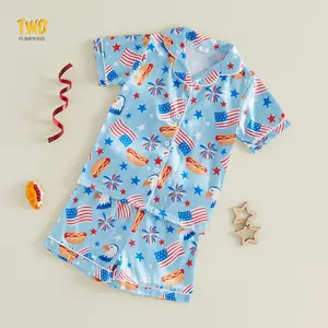 Toddler Boys Girls 4th of July Pajama Set Casual Print Button Down Lapel V Neck Short Sleeve Tops and Shorts