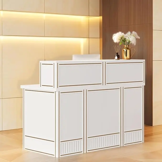 Tribesigns 57" Reception Desk with Counter, Modern Front Desk with Metal Frame, Wooden Retail Checkout Counter for Office, Reception Room, Beauty Salon, Lobby (White)