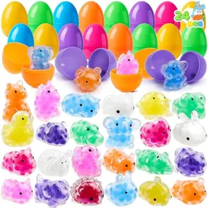 24 Pcs Easter Prefilled Eggs with Mochi Squishy Toy, Squeeze Toy Fillers for Easter Egg Hunt, Basket Stuffers, Party Favor, Stress Release, Classroom Prize