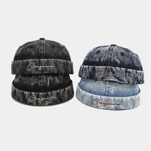 Male Premium Washed Cotton Retro Knitted Hat - Brimless Cap, Rolled Brim Worker Bucket Hat, Letters Decor, All Seasons Comfortable All-Day Wear, Vintage Charm Baseball Cap Headwear