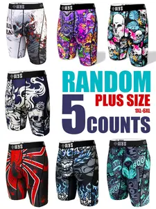 Random 5-Piece Set Plus Size Men's Long Thong Printed Underwear, Breathable Sport Briefs, Quick-Dry, Halloween Print, Anti-Slip, Comfortable Elastic Waistband, Sports Underwear, Underwear Undergarments