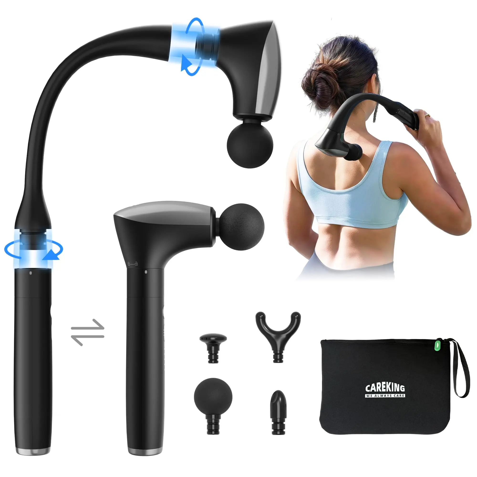 CAREKING 2-in-1 Detachable Percussion Massage Gun with Extension Handle, Deep Tissue Muscle Massager for Pain Relief, Ideal for Back, Arm, Shoulder, Thigh, Waist, Gifts for Adults
