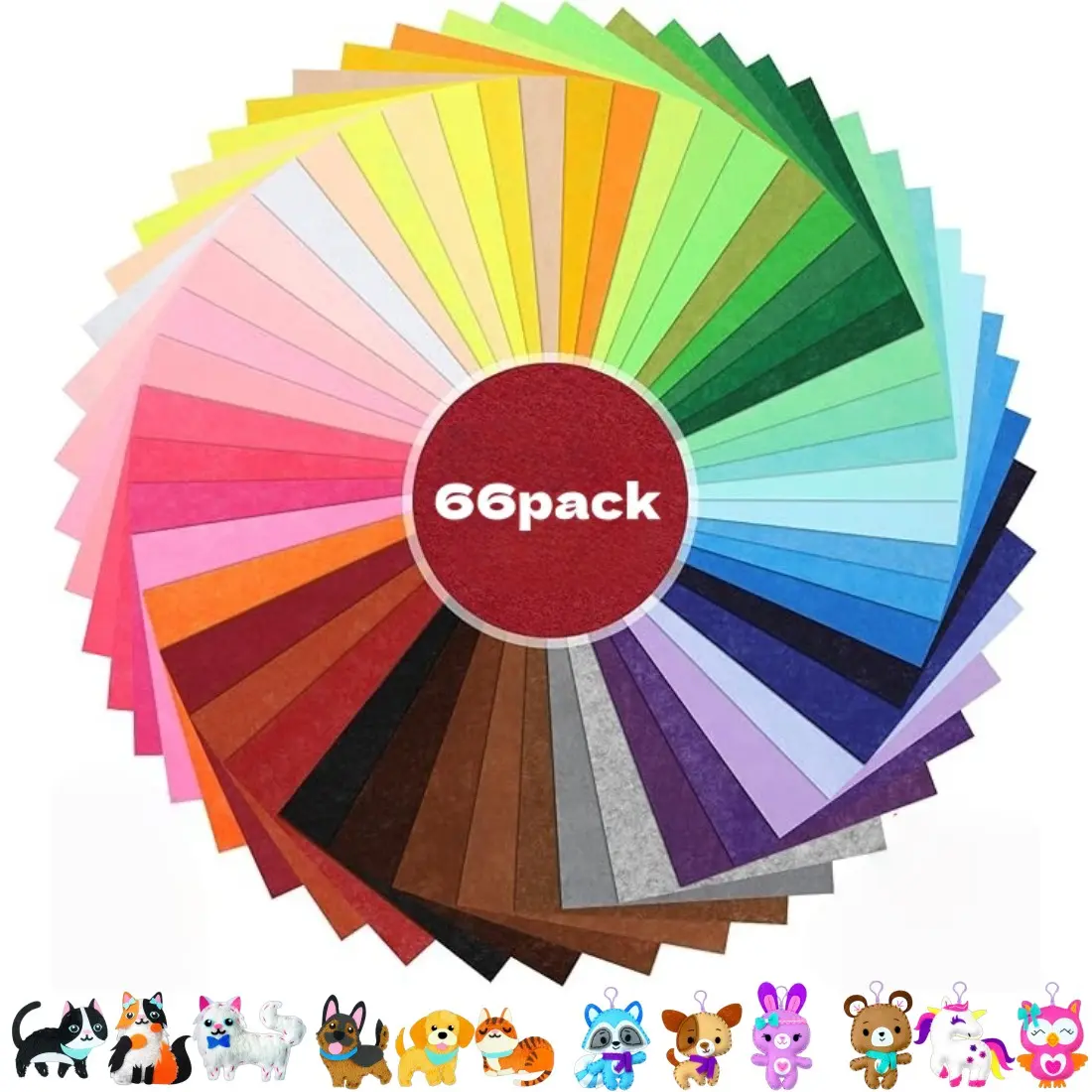 66pcs Thin Felt Fabric, Various Colors 10/15/20/30cm, Multi-Size Stiff Felt Cloth for Crafts DIY Sewing Projects Handmade Gifts Decoration Craft Supplies Non-Woven Felt Material