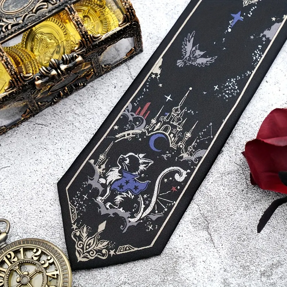 Artisan Embroidered Woven Tie for Men, Handcrafted Vintage Texture, Unique Statement Necktie for Wedding Party Valentine Gift casual black