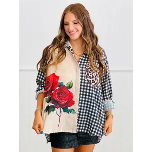 Contrast Print Roses Button Up Top (OS & PLUS)